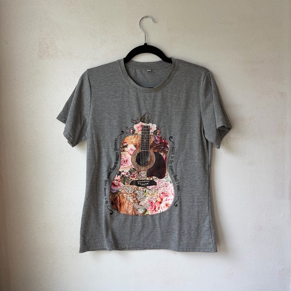 Gray Graphic Tee with Floral Guitar Print